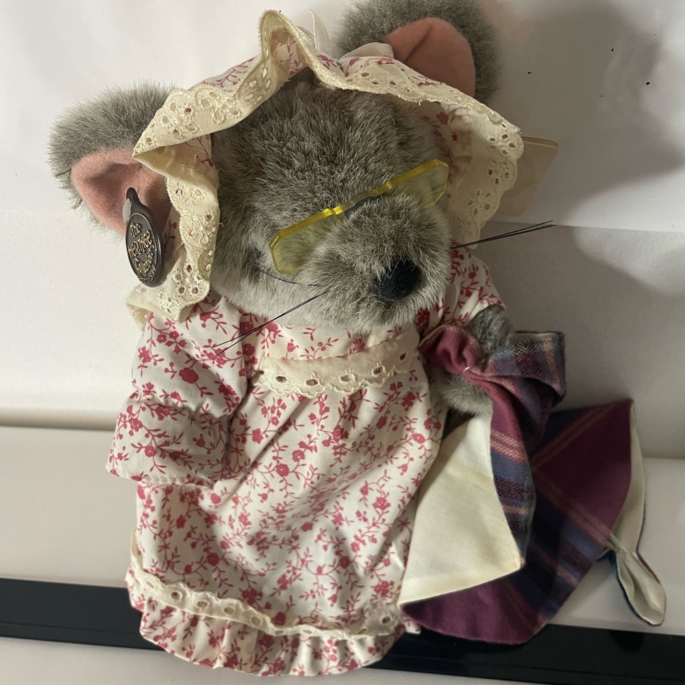 Plush Gray Mouse Doll in Pink Floral Dress with Glasses
